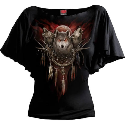 Black - Front - Spiral Direct Womens-Ladies Cry Of The Wolf Batwing Sleeve Top