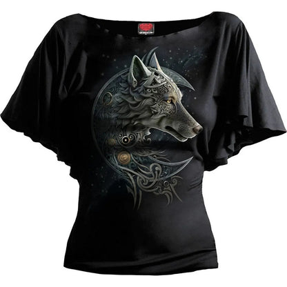 Black - Front - Spiral Direct Womens-Ladies Celtic Wolf Batwing Top