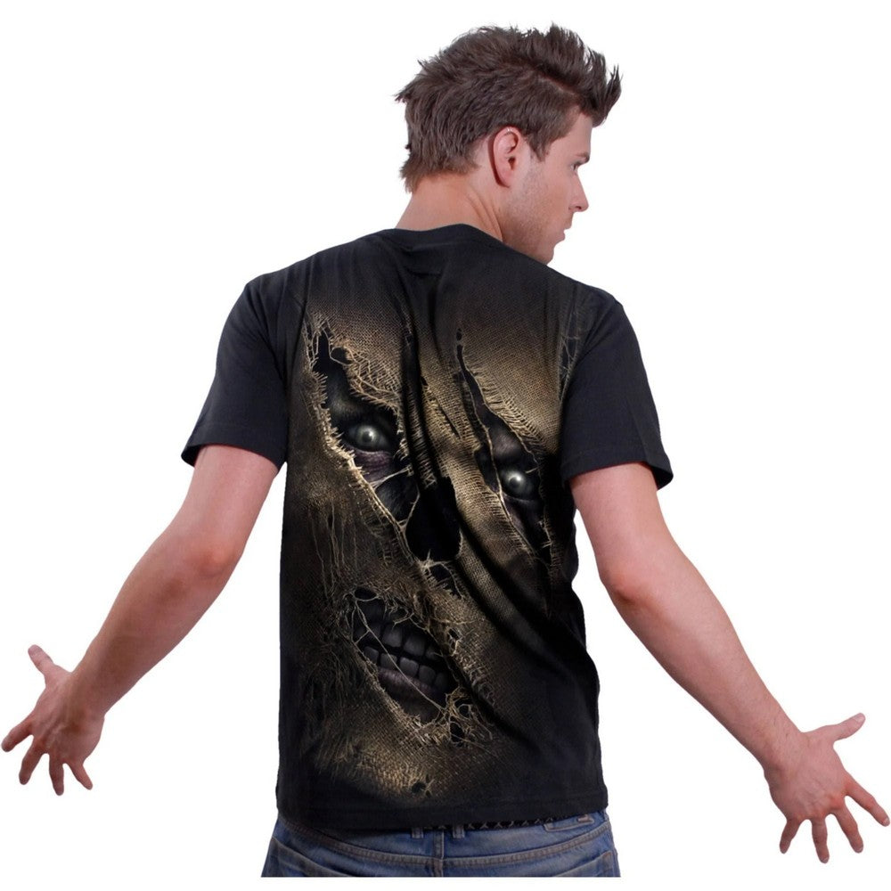 Black - Side - Spiral Direct Unisex Adult Thread Scare T-Shirt