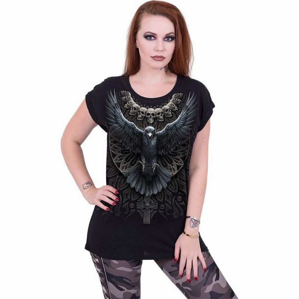 Black - Back - Spiral Direct Womens-Ladies Raven Skull T-Shirt