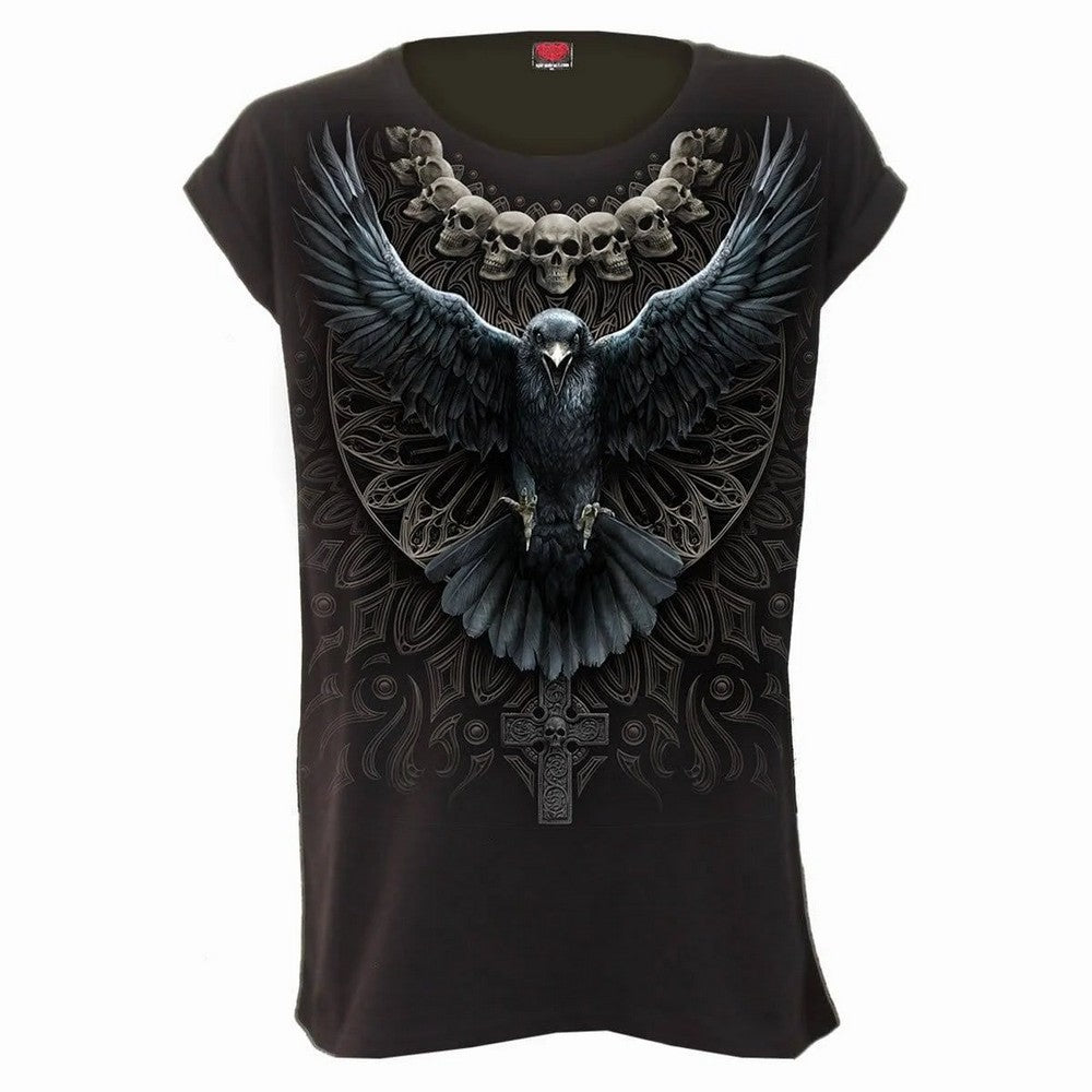 Black - Front - Spiral Direct Womens-Ladies Raven Skull T-Shirt