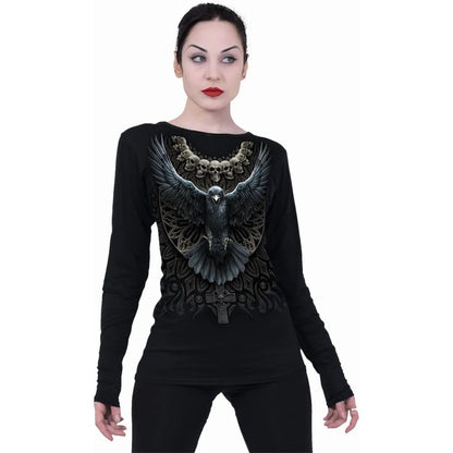 Black - Back - Spiral Direct Womens-Ladies Raven Skull Long-Sleeved T-Shirt