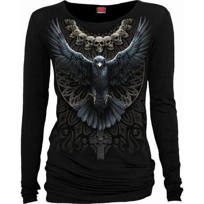 Black - Front - Spiral Direct Womens-Ladies Raven Skull Long-Sleeved T-Shirt