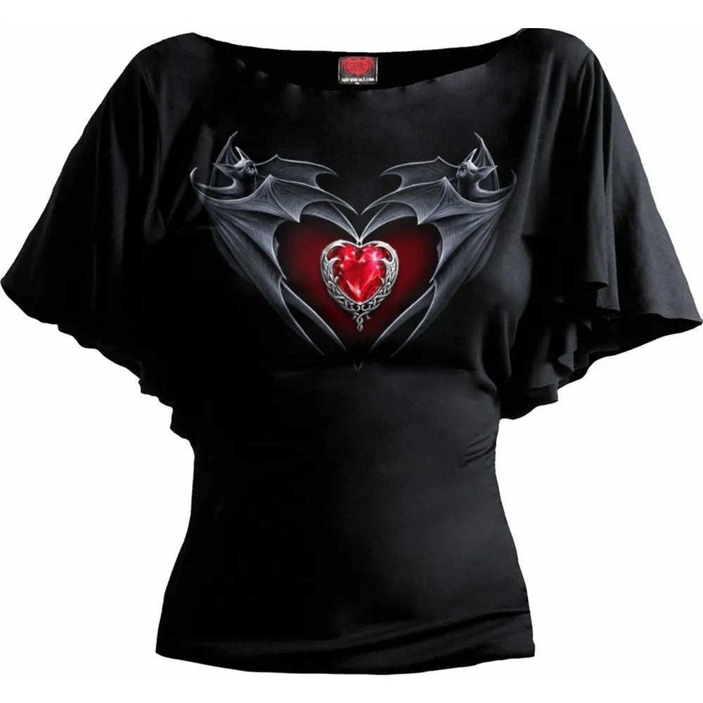 Black - Front - Spiral Direct Womens-Ladies Bat´s Heart Batwing Sleeve Top