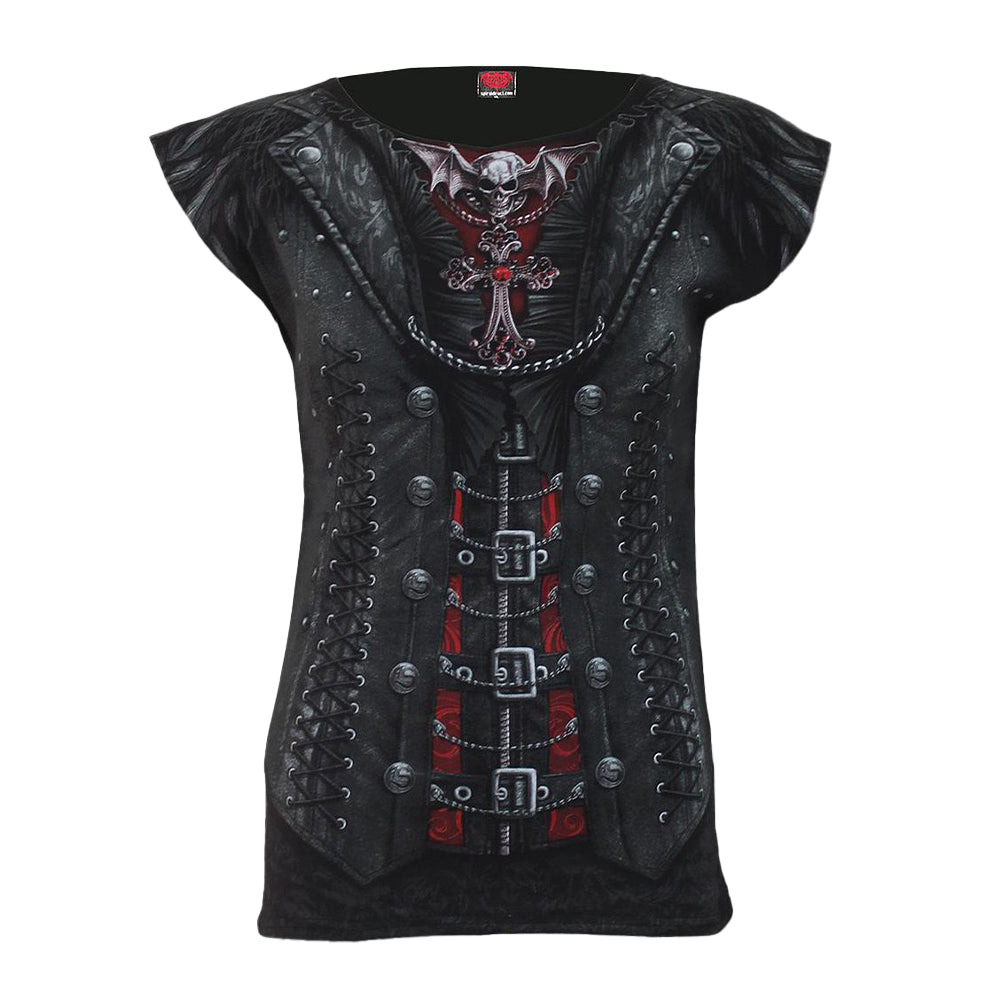 Black - Front - Spiral Direct Womens-Ladies Gothess Wrap Capped Sleeved T-Shirt