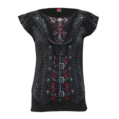 Black - Front - Spiral Direct Womens-Ladies Gothess Wrap Capped Sleeved T-Shirt
