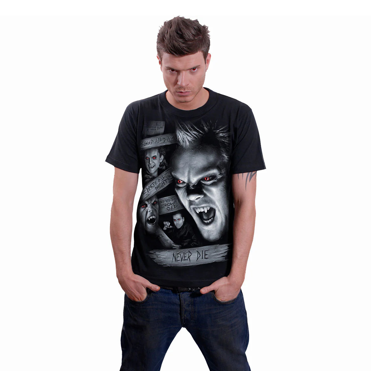 Black - Side - Spiral Direct Unisex Adult Never Die The Lost Boys T-Shirt