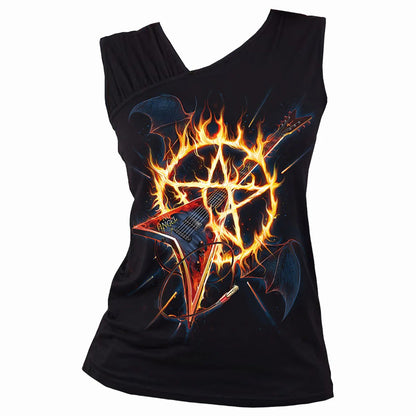 Black - Front - Spiral Direct Womens-Ladies Hot Metal Heart Ribs Gathered Shoulder Sleeveless Vest Top