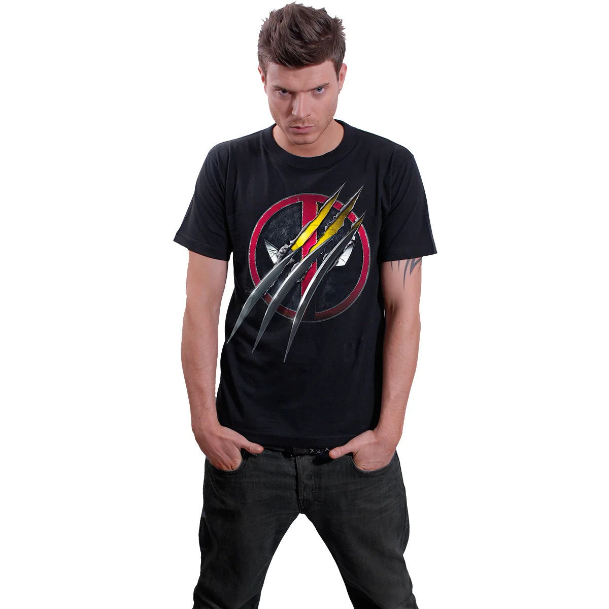 Black - Back - Spiral Direct Unisex Adult Slashed Deadpool T-Shirt