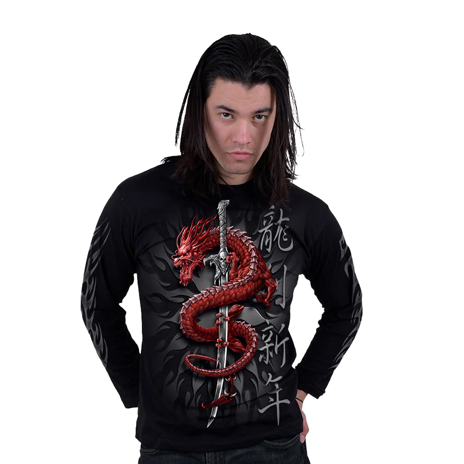 Black - Side - Spiral Direct Unisex Adult Oriental Dragon Long-Sleeved T-Shirt