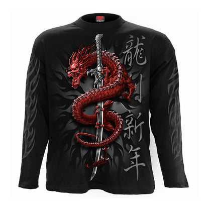 Black - Front - Spiral Direct Unisex Adult Oriental Dragon Long-Sleeved T-Shirt