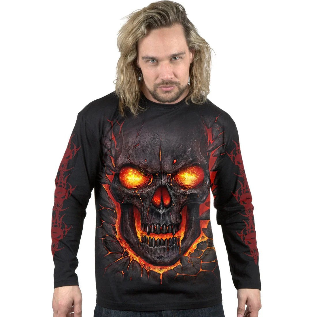Black - Side - Spiral Direct Unisex Adult Skull Lava Long-Sleeved T-Shirt