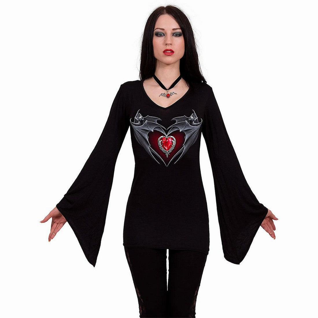 Black - Back - Spiral Direct Womens-Ladies Bat´s Heart Long-Sleeved Top