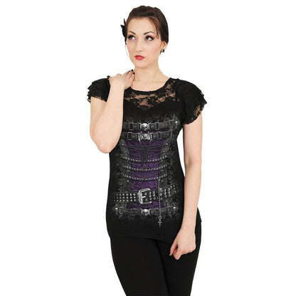 Black - Back - Spiral Direct Womens-Ladies Waisted Corset Capped Sleeved Top