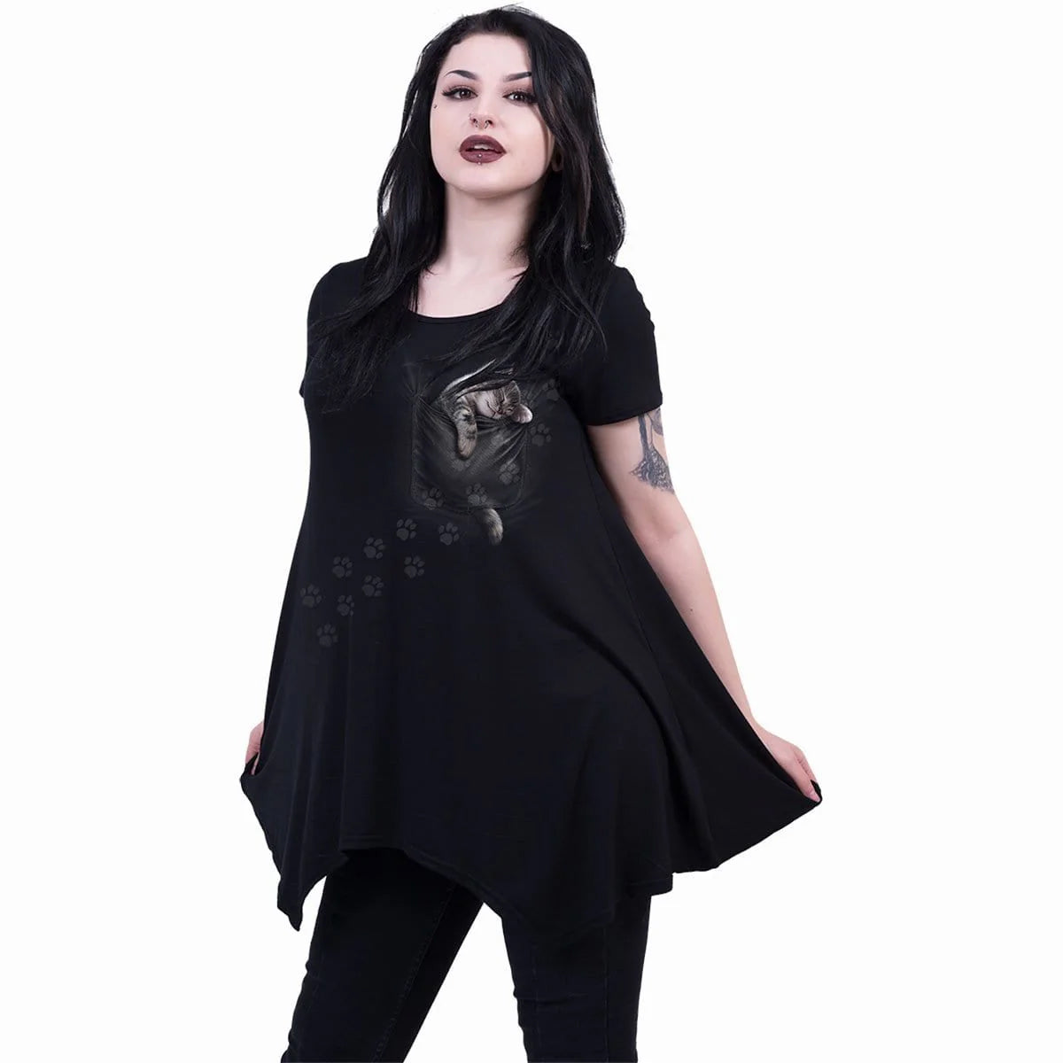 Black - Back - Spiral Direct Womens-Ladies Pocket Kitten Short-Sleeved T-Shirt