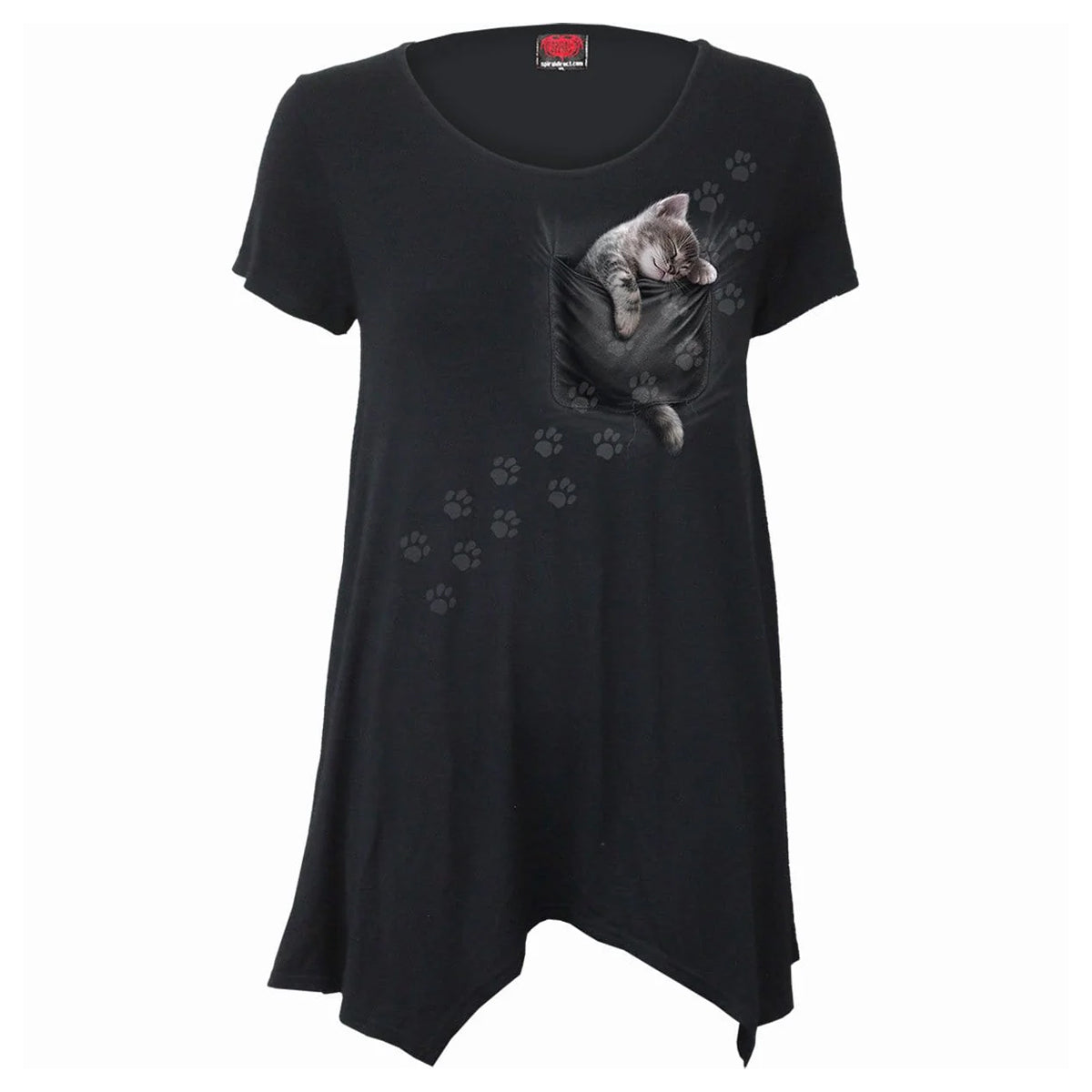 Black - Front - Spiral Direct Womens-Ladies Pocket Kitten Short-Sleeved T-Shirt