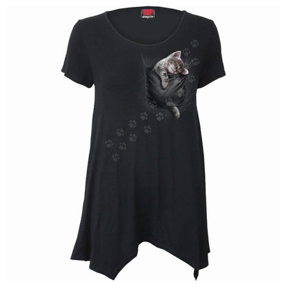 Black - Front - Spiral Direct Womens-Ladies Pocket Kitten Short-Sleeved T-Shirt