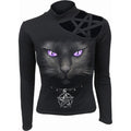 Black - Front - Spiral Direct Womens-Ladies Black Cat Pentagram Shoulder Long-Sleeved Top