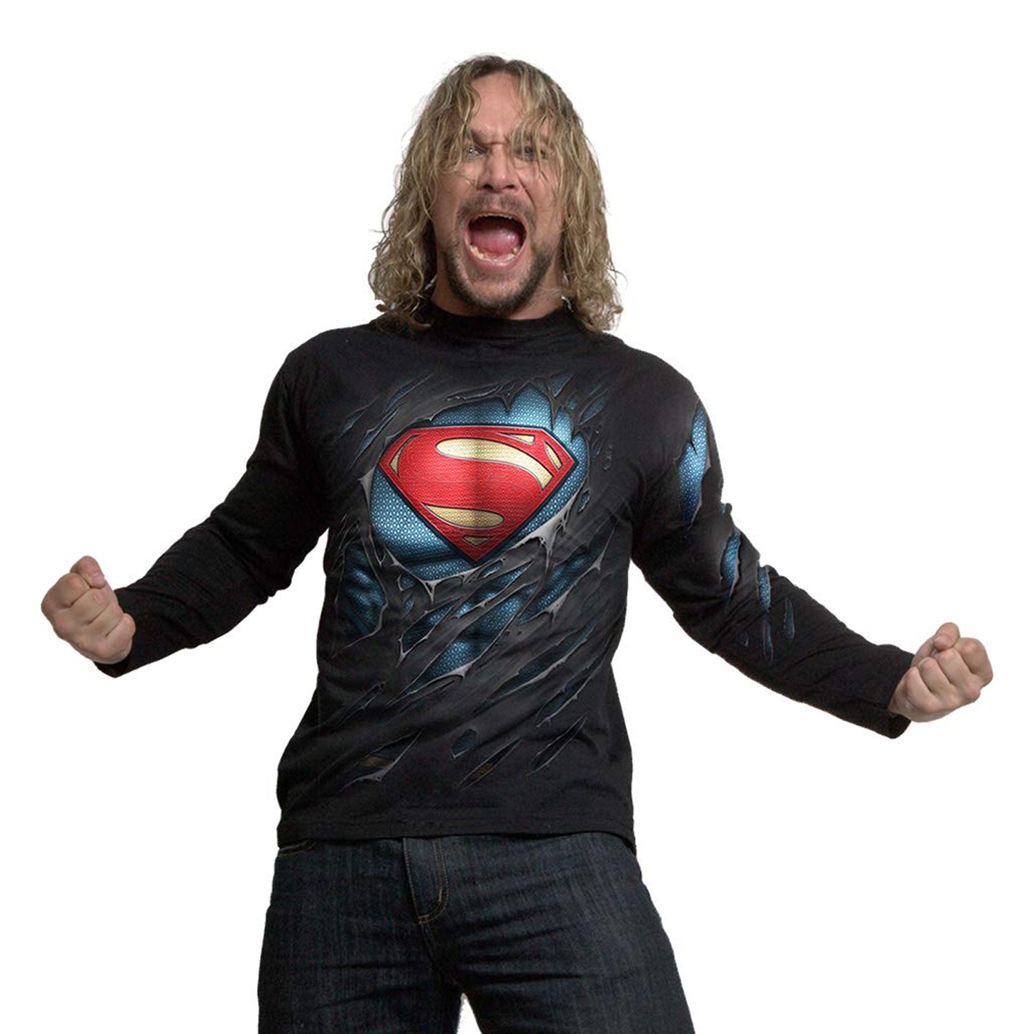Black - Side - Superman Unisex Adult Ripped Long-Sleeved T-Shirt