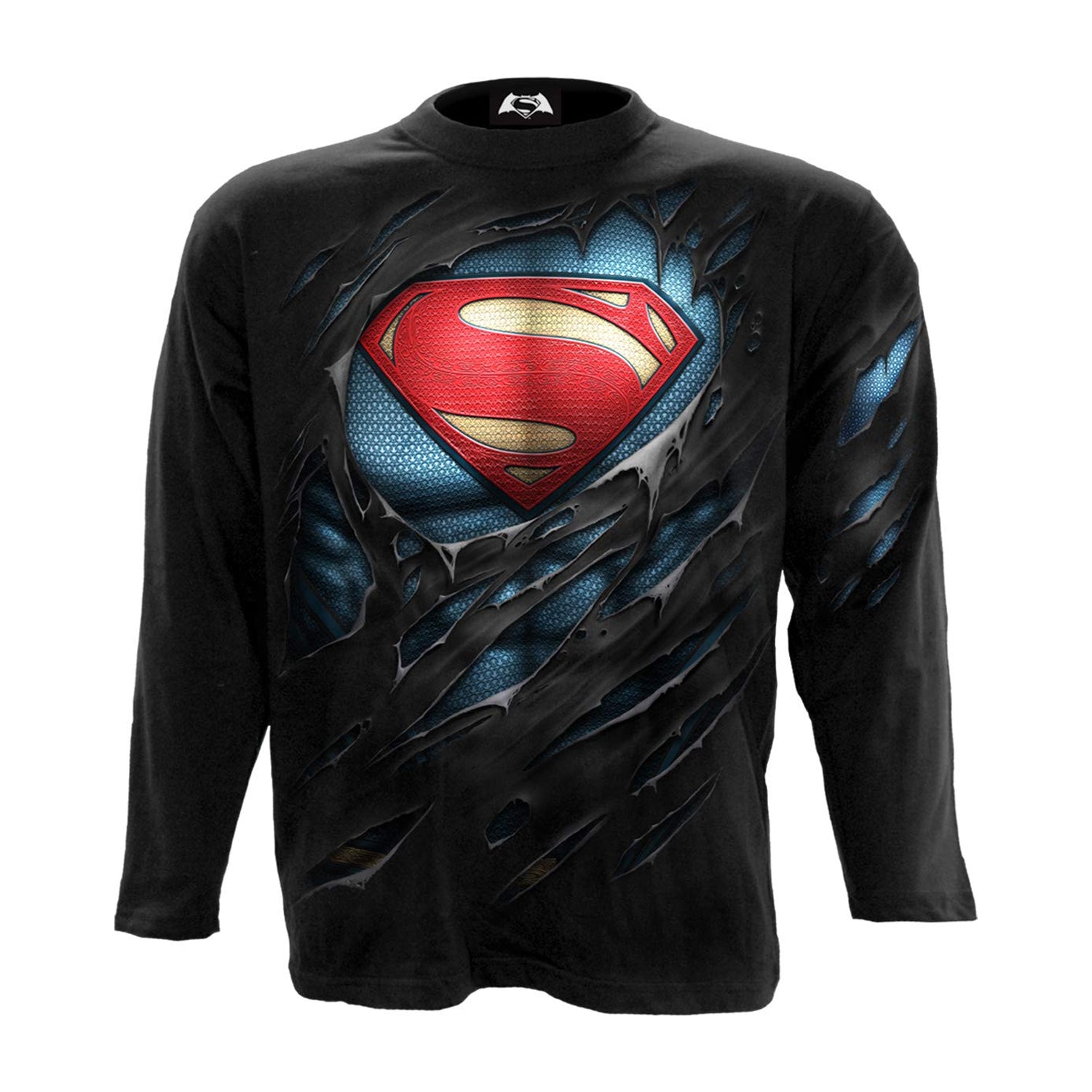Black - Front - Superman Unisex Adult Ripped Long-Sleeved T-Shirt