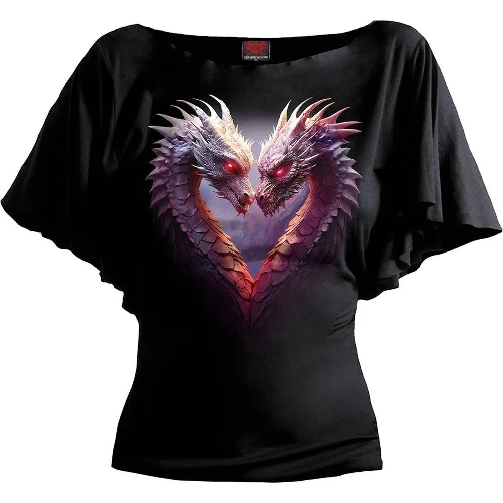 Black - Front - Spiral Direct Womens-Ladies Heart Of Dragons Boat Neck Batwing Top