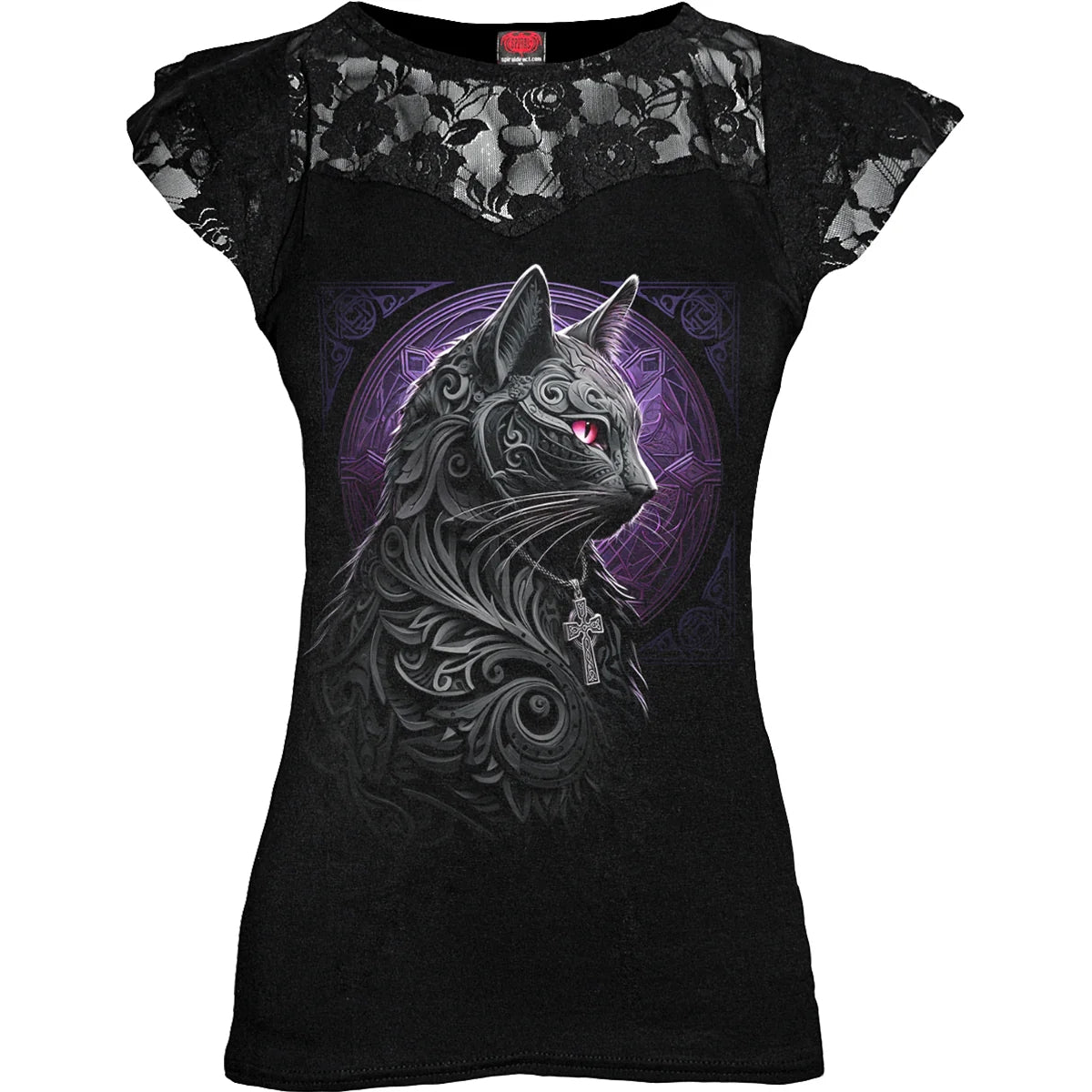 Black - Front - Spiral Direct Womens-Ladies Celtic Whiskers Lace Overlay T-Shirt