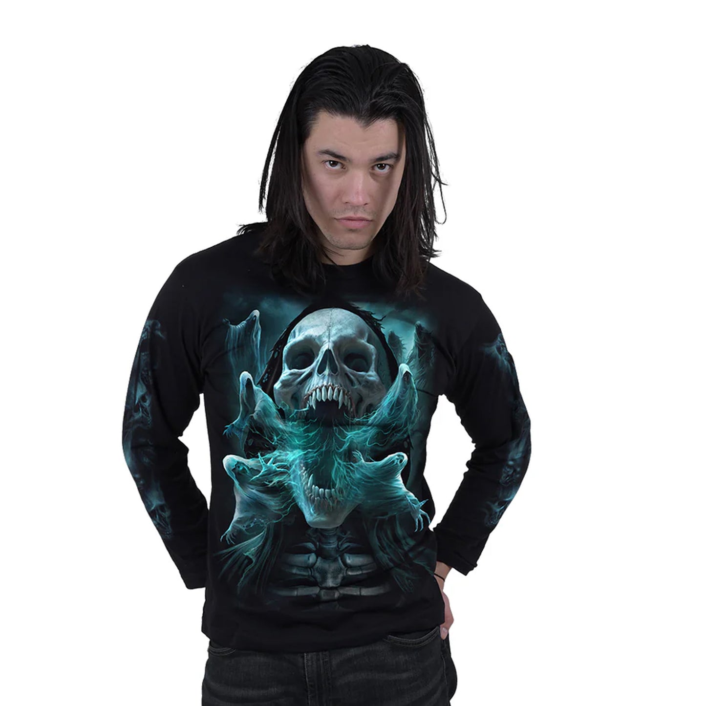 Black - Side - Spiral Direct Unisex Adult Ghost Skull Long-Sleeved T-Shirt
