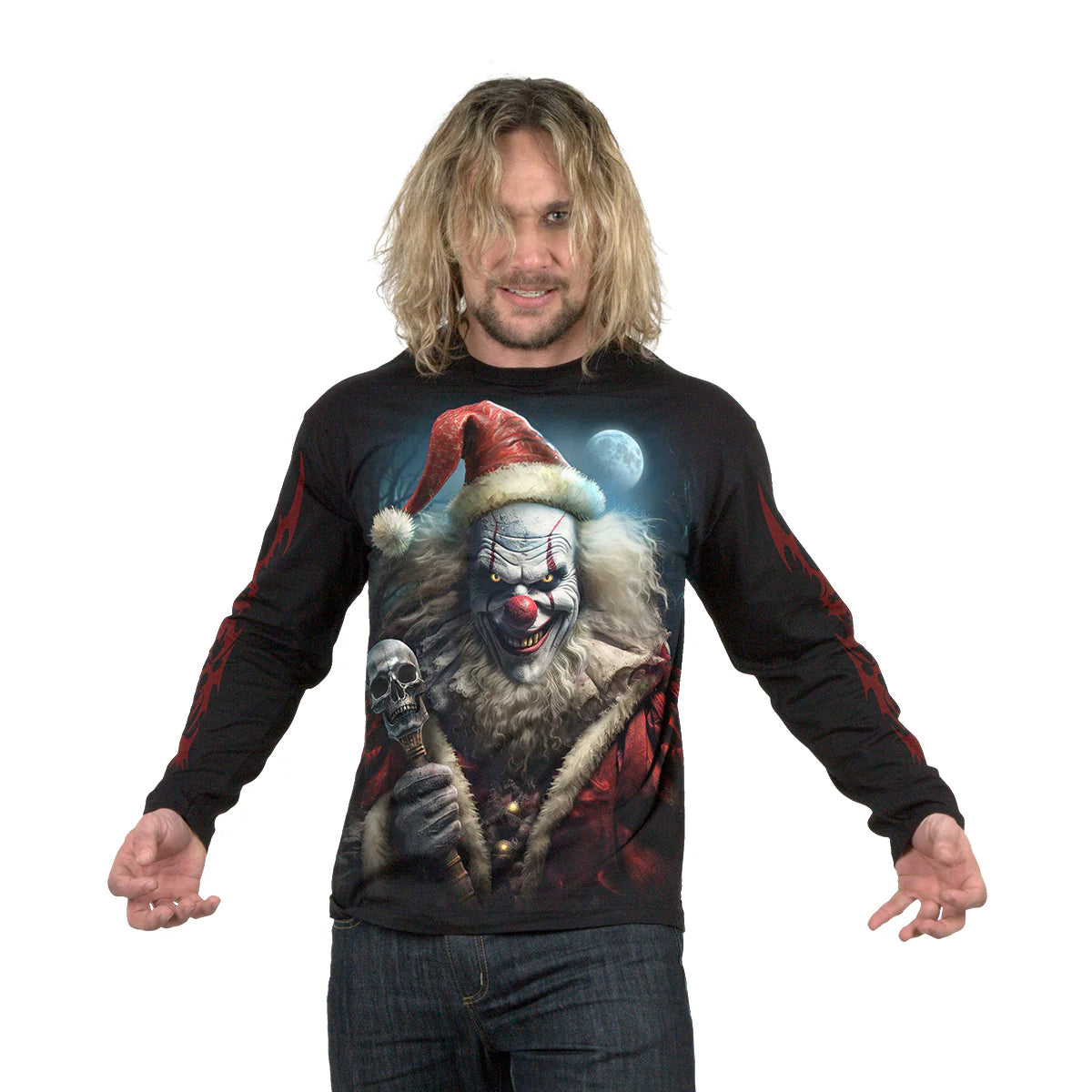 Black - Side - Spiral Direct Unisex Adult Santa Clown Long-Sleeved T-Shirt