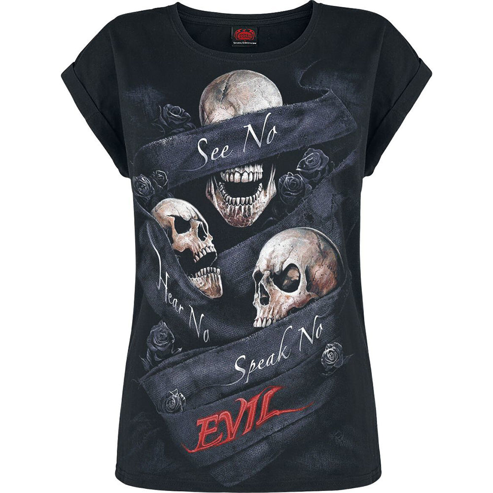 Black - Front - Spiral Direct Womens-Ladies See No Evil Loose Fit Turn Up T-Shirt