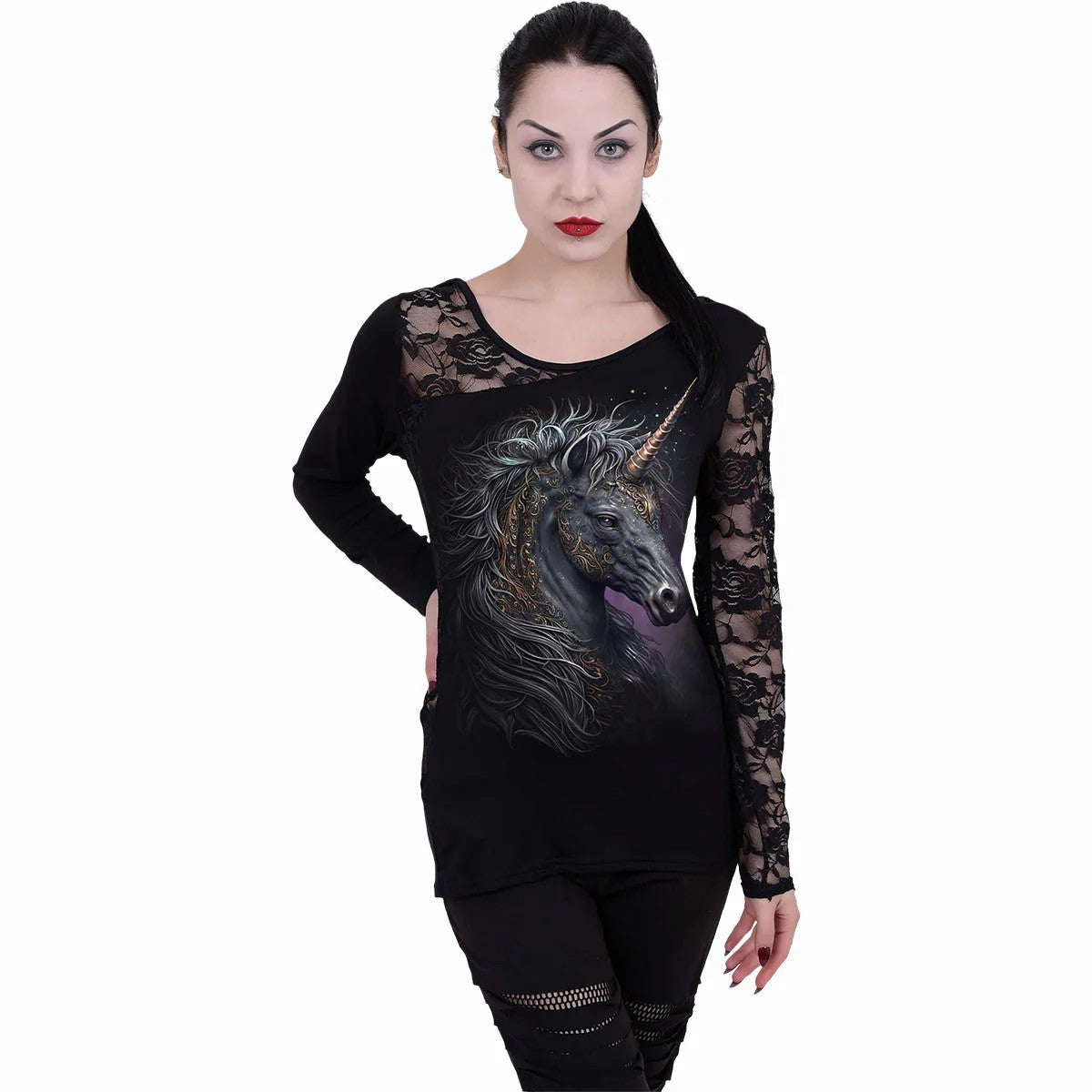 Black - Back - Spiral Direct Womens-Ladies Celtic Unicorn Long-Sleeved T-Shirt