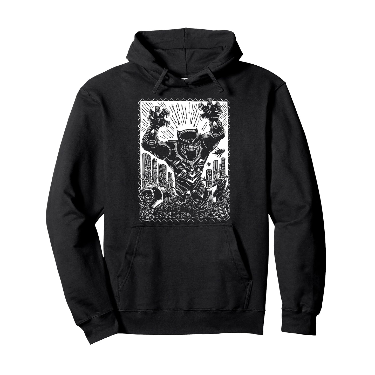 Black - Front - Black Panther Unisex Adult Linocut Hoodie