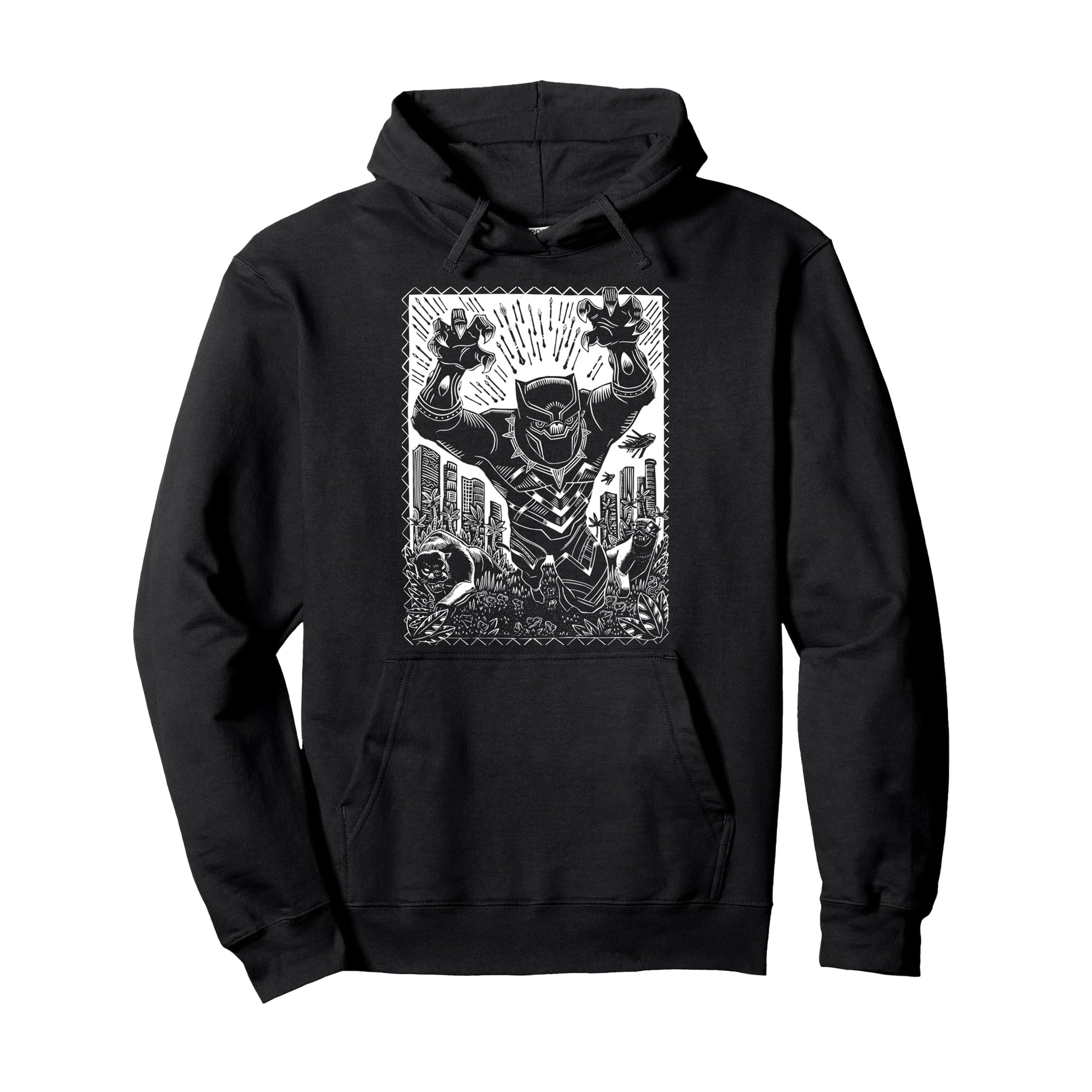Black - Front - Black Panther Unisex Adult Linocut Hoodie