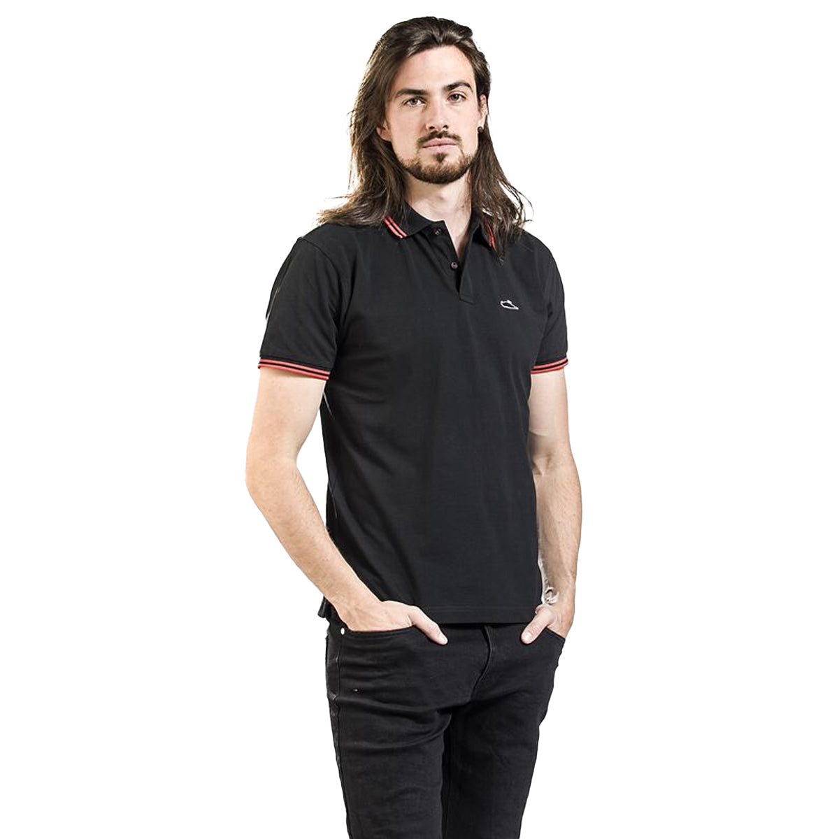 Black-Red - Side - Atticus Unisex Adult Classic Badge Tipped Polo Shirt