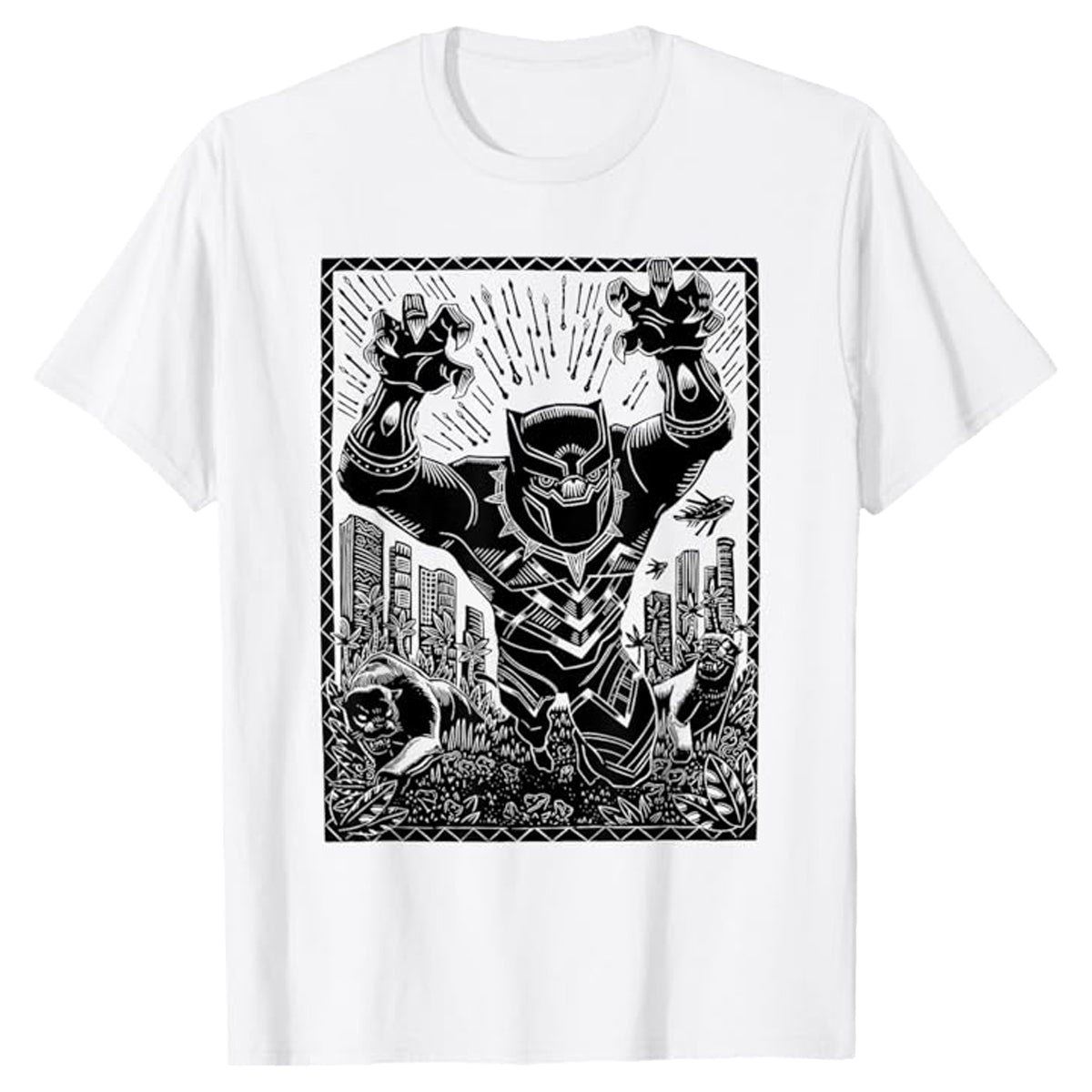 White - Front - Black Panther Unisex Adult Linocut T-Shirt