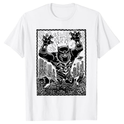 White - Front - Black Panther Unisex Adult Linocut T-Shirt