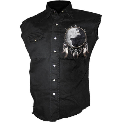 Black - Front - Spiral Direct Unisex Adult Wolf Chi Stone Wash Sleeveless Shirt