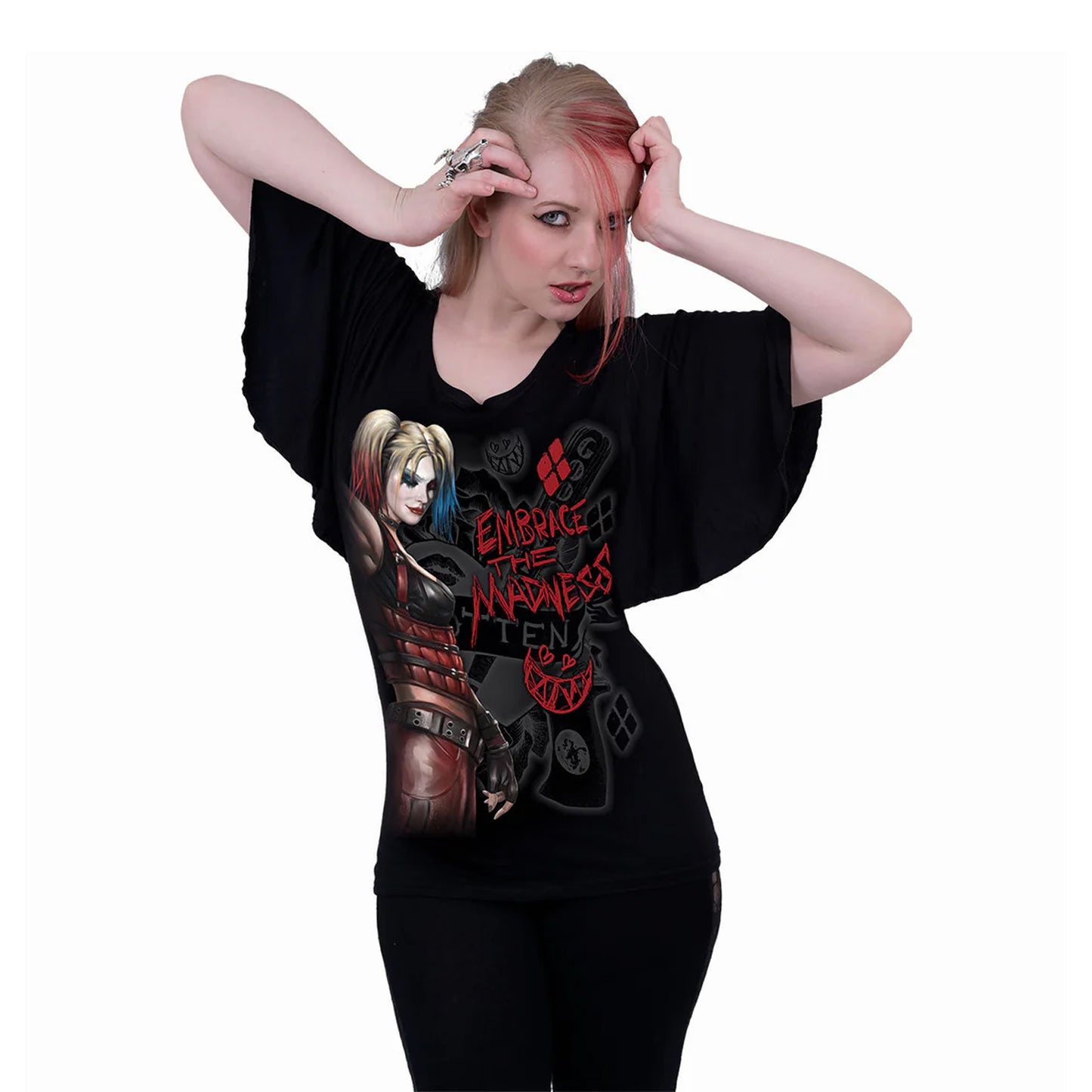 Black - Back - Spiral Direct Womens-Ladies Embrace The Madness Harley Quinn Batwing Sleeve Top
