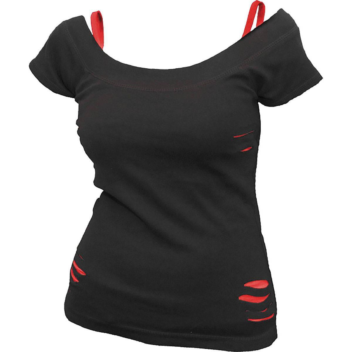 Black - Front - Spiral Womens-Ladies Ripped 2 in 1 Top