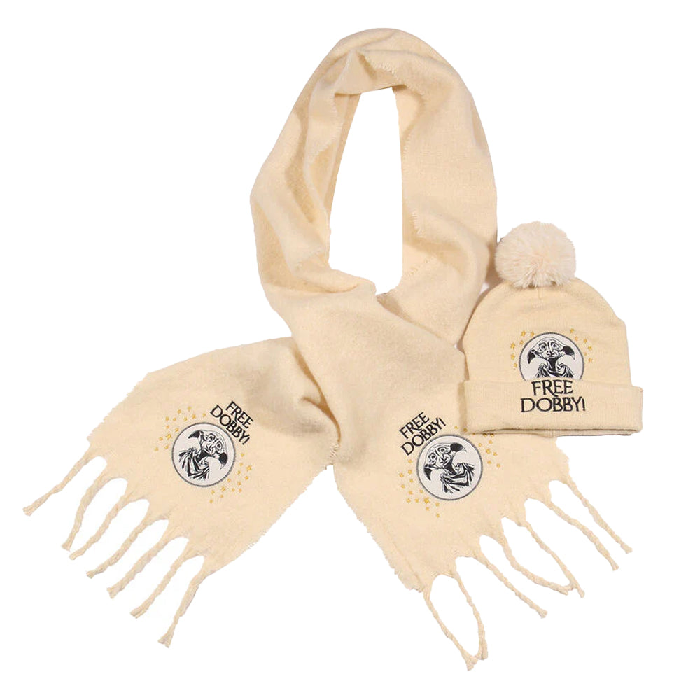 Cream-Black - Front - Harry Potter Free Dobby Scarf & Beanie Set