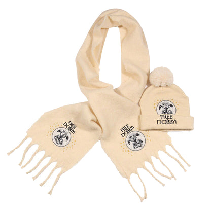 Cream-Black - Front - Harry Potter Free Dobby Scarf & Beanie Set
