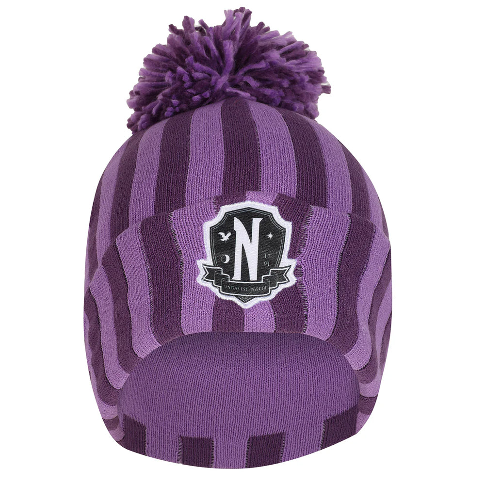 Purple - Side - Wednesday Unisex Adult Nevermore Stripes Logo Beanie