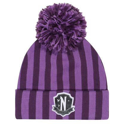 Purple - Front - Wednesday Unisex Adult Nevermore Stripes Logo Beanie
