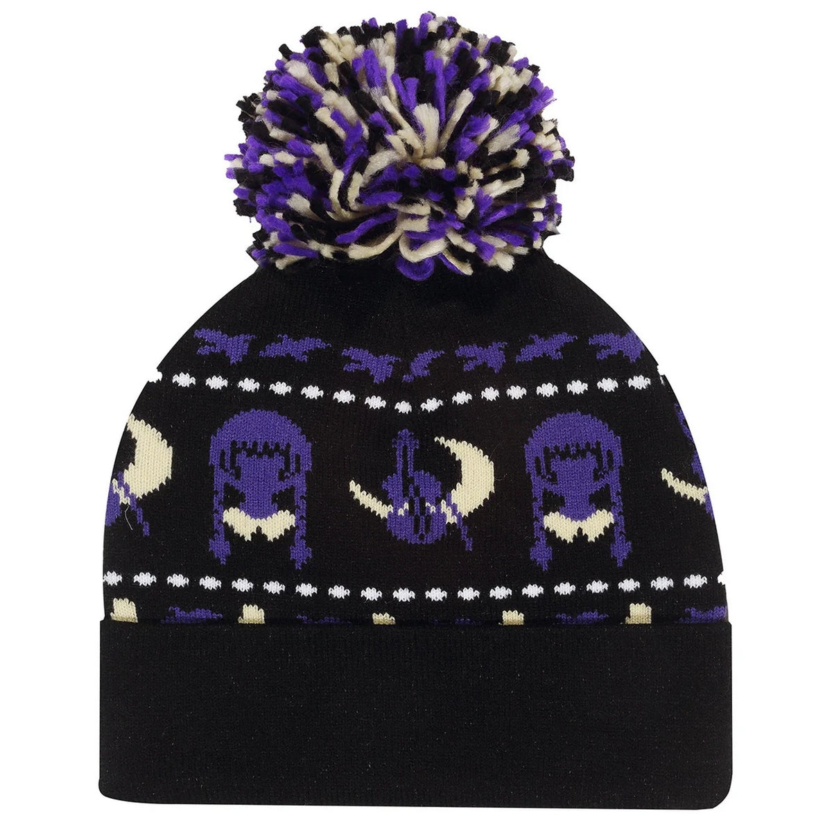 Black-Purple - Back - Wednesday Unisex Adult Silhouette Pom Pom Beanie