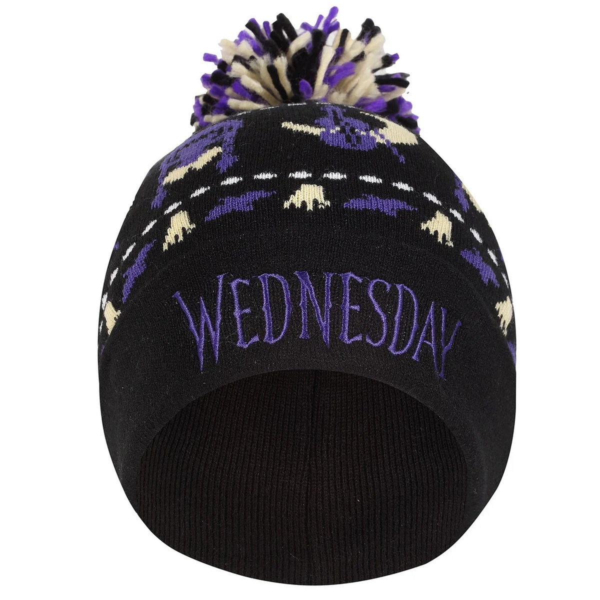 Black-Purple - Side - Wednesday Unisex Adult Silhouette Pom Pom Beanie