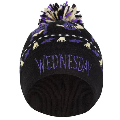 Black-Purple - Side - Wednesday Unisex Adult Silhouette Pom Pom Beanie