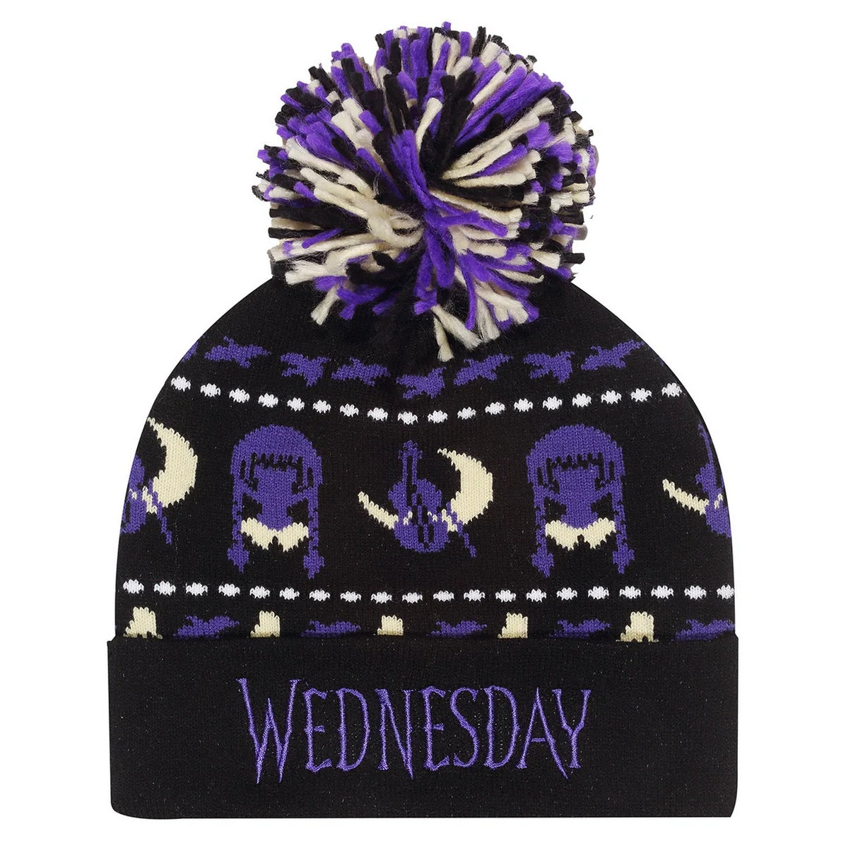 Black-Purple - Front - Wednesday Unisex Adult Silhouette Pom Pom Beanie