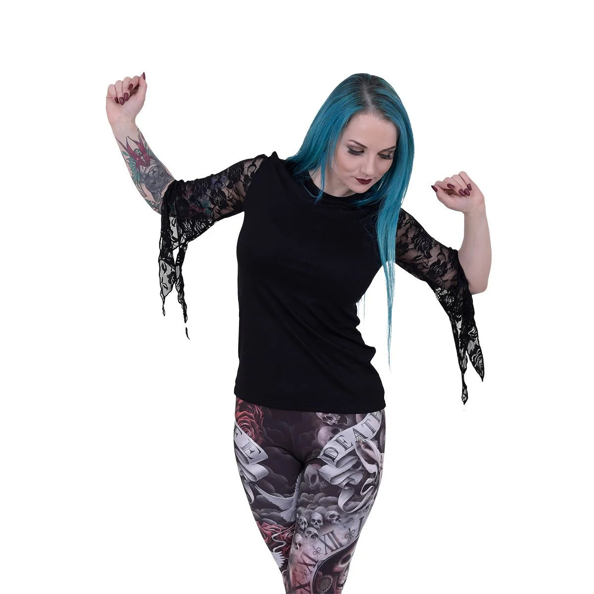 Black - Back - Spiral Direct Womens-Ladies Rose Lace Detail Long-Sleeved Top