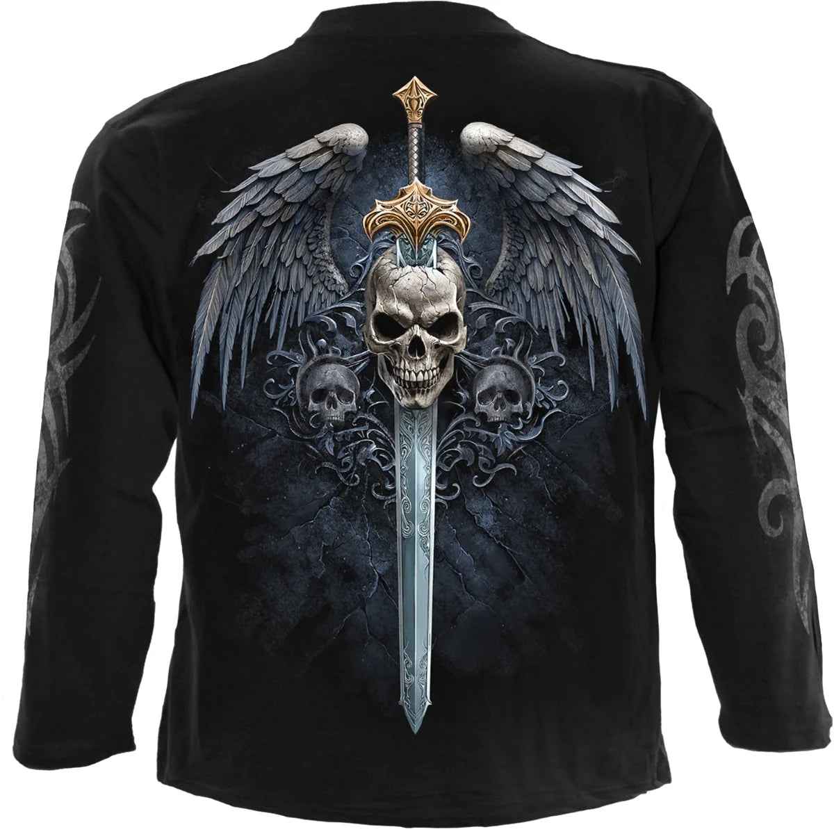 Black - Back - Spiral Direct Mens Angel Sword Cotton Long-Sleeved T-Shirt