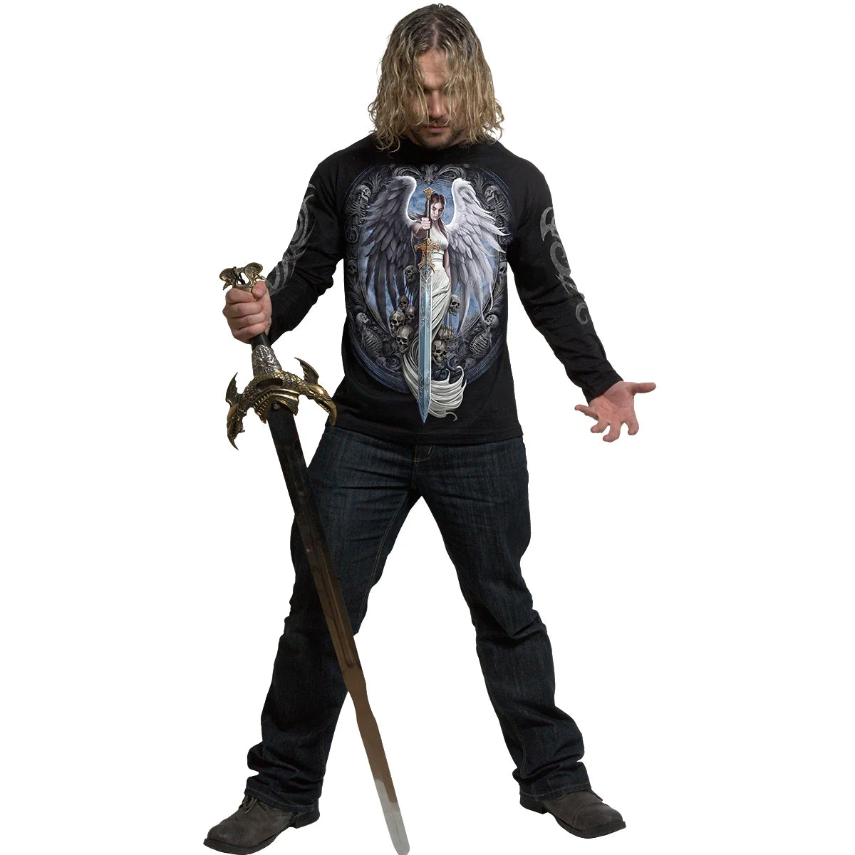 Black - Side - Spiral Direct Mens Angel Sword Cotton Long-Sleeved T-Shirt
