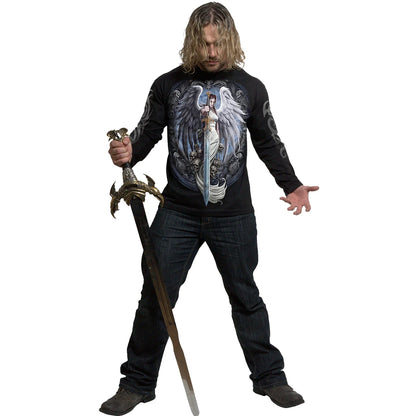 Black - Side - Spiral Direct Mens Angel Sword Cotton Long-Sleeved T-Shirt